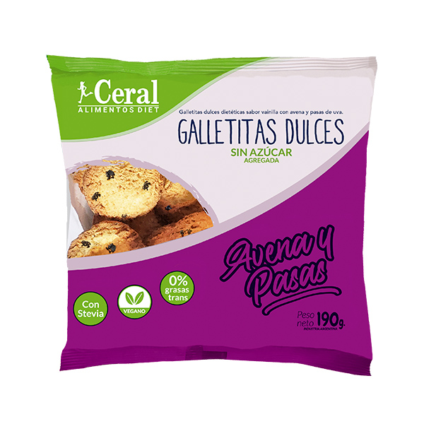 Galletitas Dulces Avena y Pasas con Stevia Ceral 190 Gramos